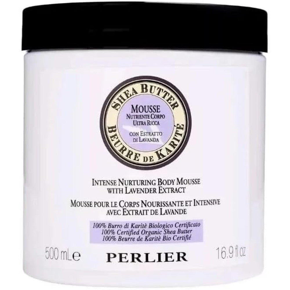 Perlier Shea Butter and Lavender Body Mousse front view showcasing the packaging of this intense moisturizing cream.