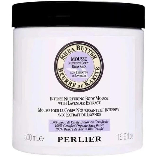 Perlier Shea Butter and Lavender Body Mousse front view showcasing the packaging of this intense moisturizing cream.