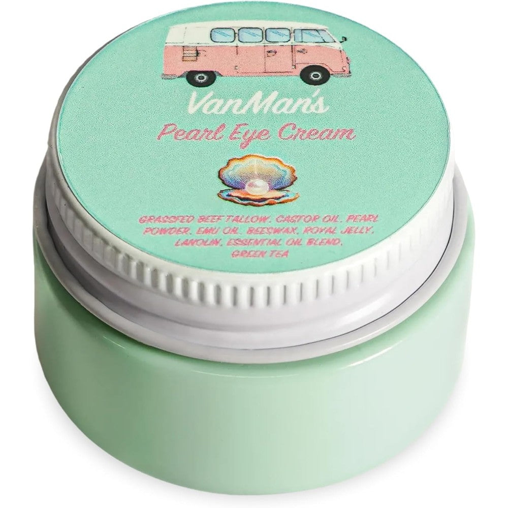 The VanMan Company Pearl Eye Cream front view jar of premium tallow under eye treatment.