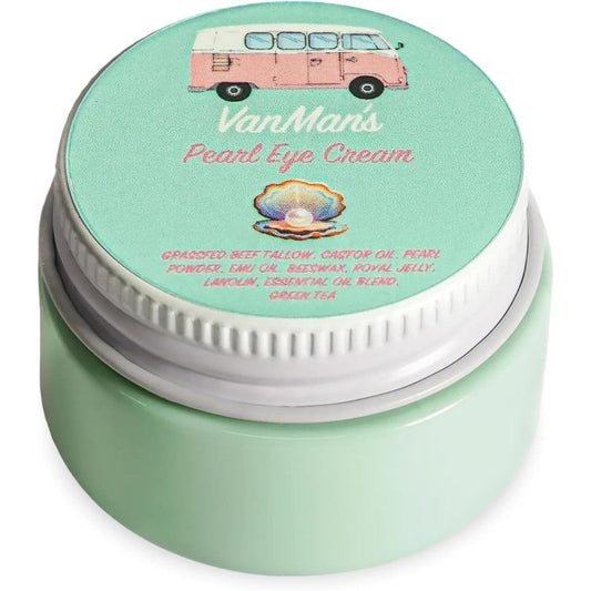 The VanMan Company Pearl Eye Cream front view jar of premium tallow under eye treatment.