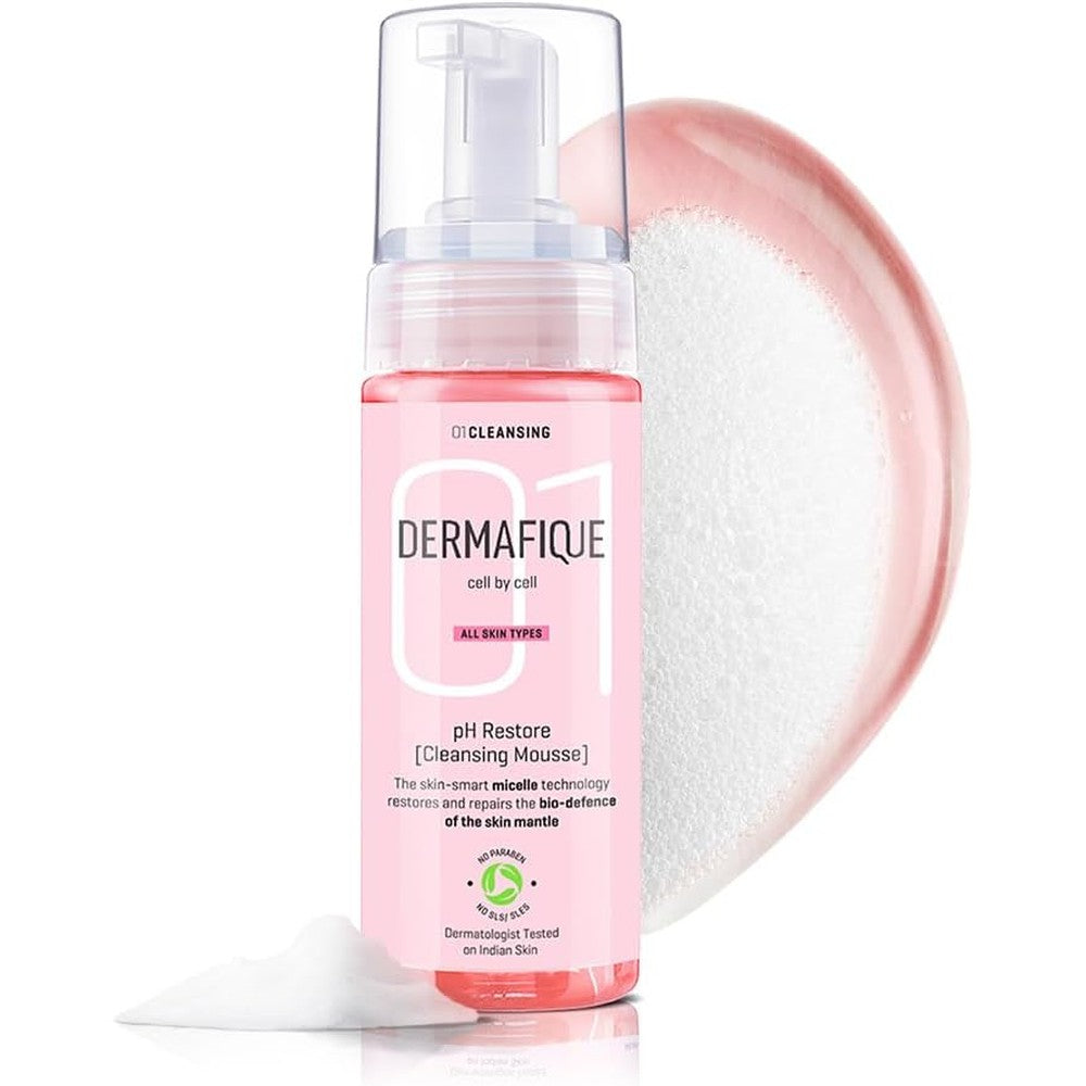 Dermafique pH Restore Cleansing Mousse 150ml front view bottle for gentle face wash