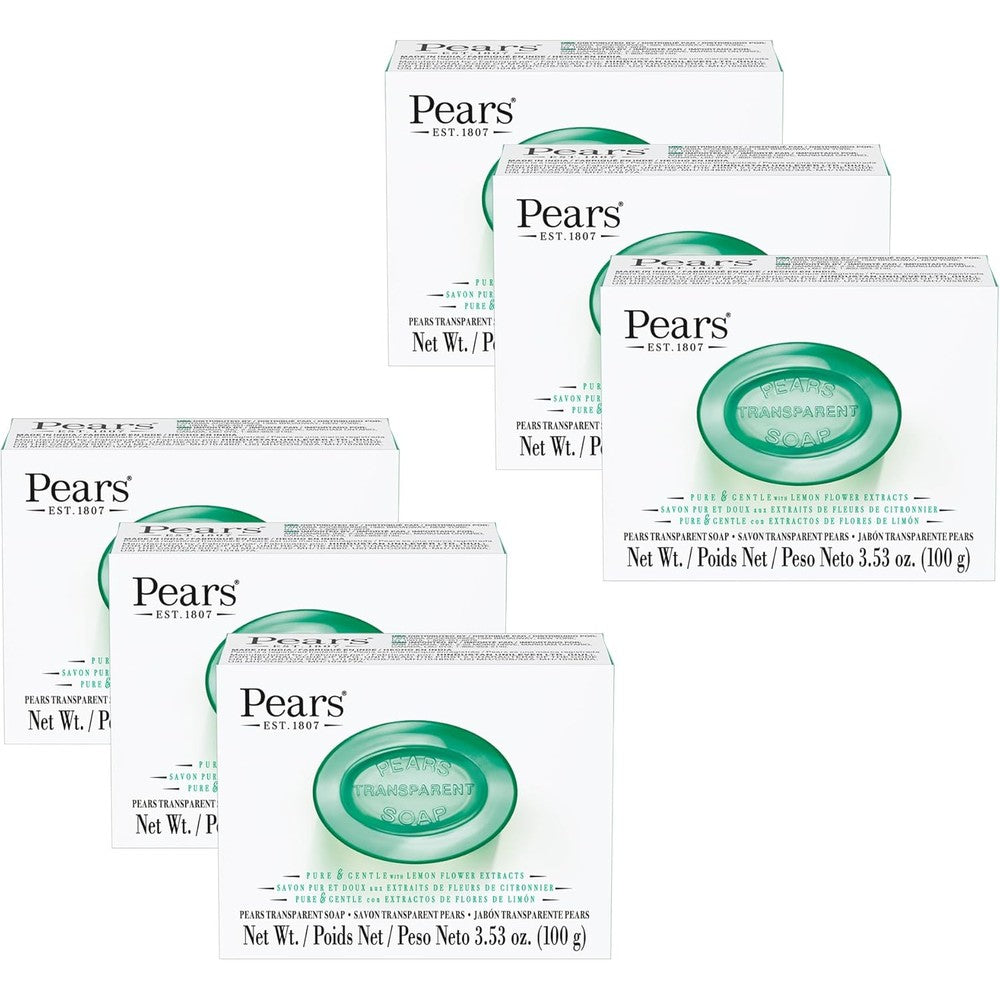 Pears Pure and Gentle soap 6 pack front view with lemon flower extracts