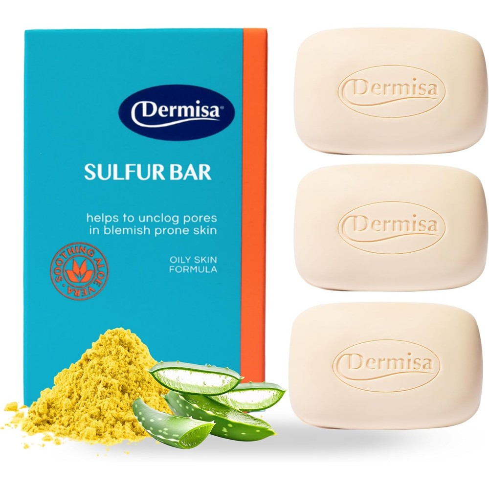 Dermisa Sulfur Bar Soap three pack front view for acne prone skin