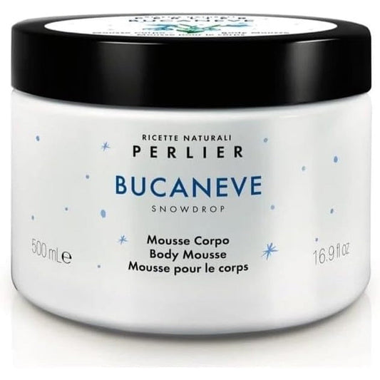 Perlier Bucaneve Snowdrop Body Mousse front view jar packaging of luxury Italian moisturizing cream imported from the United States