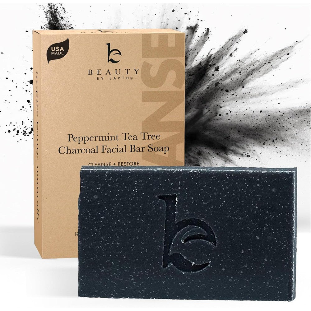 Beauty by Earth Peppermint Tea Tree Charcoal Facial Bar Soap front view with packaging