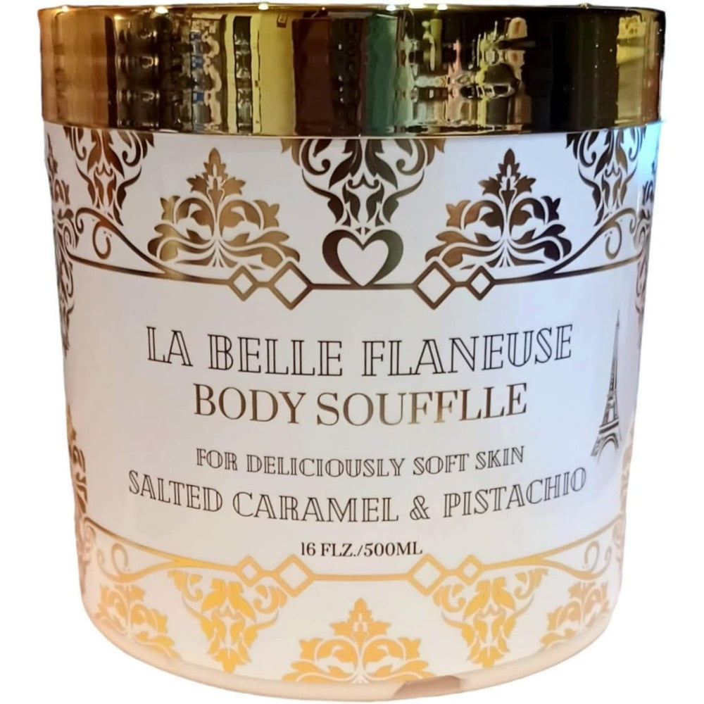 La Belle Flaneuse Salted Caramel and Pistachio Body Souffle 16 Ounces front view whipped cream moisturizer