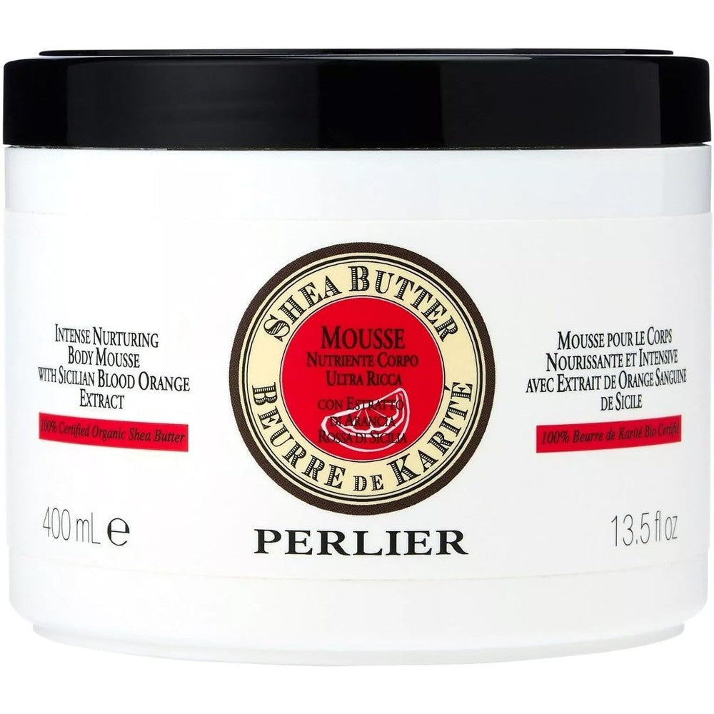 Perlier Shea Butter Body Mousse Blood Orange 13.5 fluid ounce jar front view showcasing luxury skincare packaging.