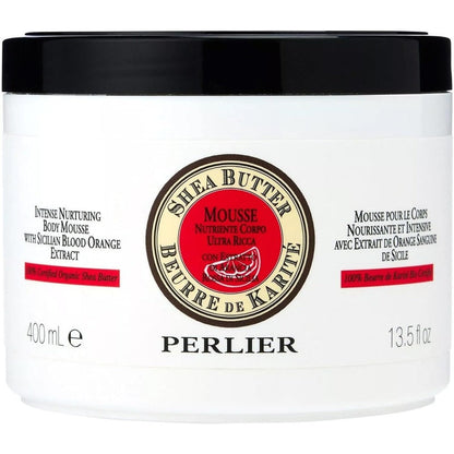 Perlier Shea Butter Body Mousse Blood Orange 13.5 fluid ounce jar front view showcasing luxury skincare packaging.