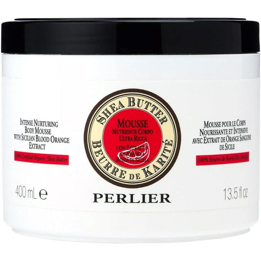 Perlier Shea Butter Body Mousse Blood Orange 13.5 fluid ounce jar front view showcasing luxury skincare packaging.