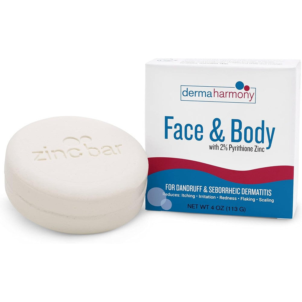 Dermaharmony 2 percent pyrithione zinc face and body cleansing bar front packaging view