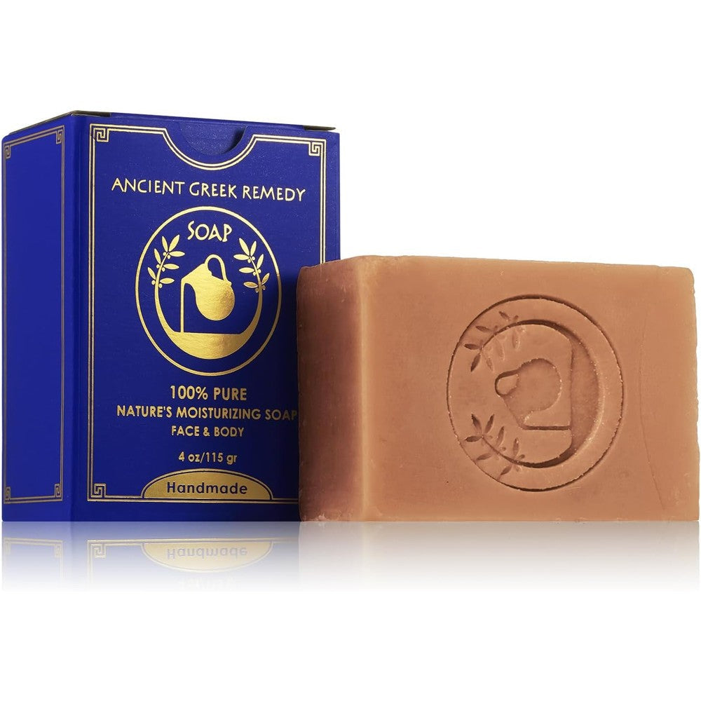 Ancient Greek Remedy organic face and body soap bar front packaging view for sensitive skin treatment.