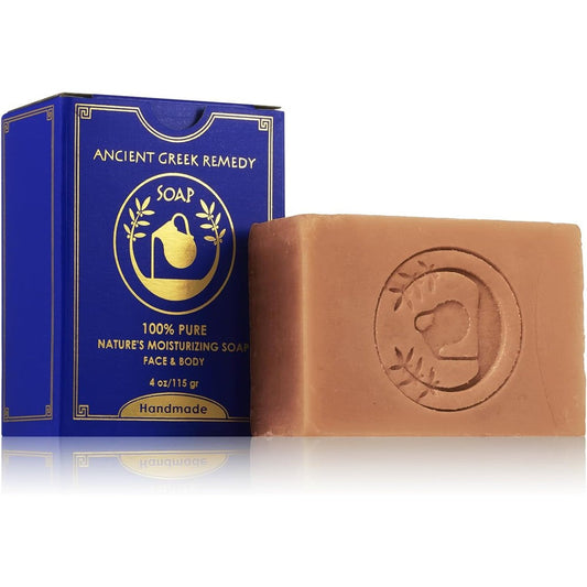 Ancient Greek Remedy organic face and body soap bar front packaging view for sensitive skin treatment.