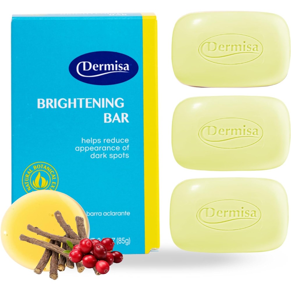 Dermisa Brightening Bar Soap front view of the packaging showcasing the botanical extract ingredients for hyperpigmentation.