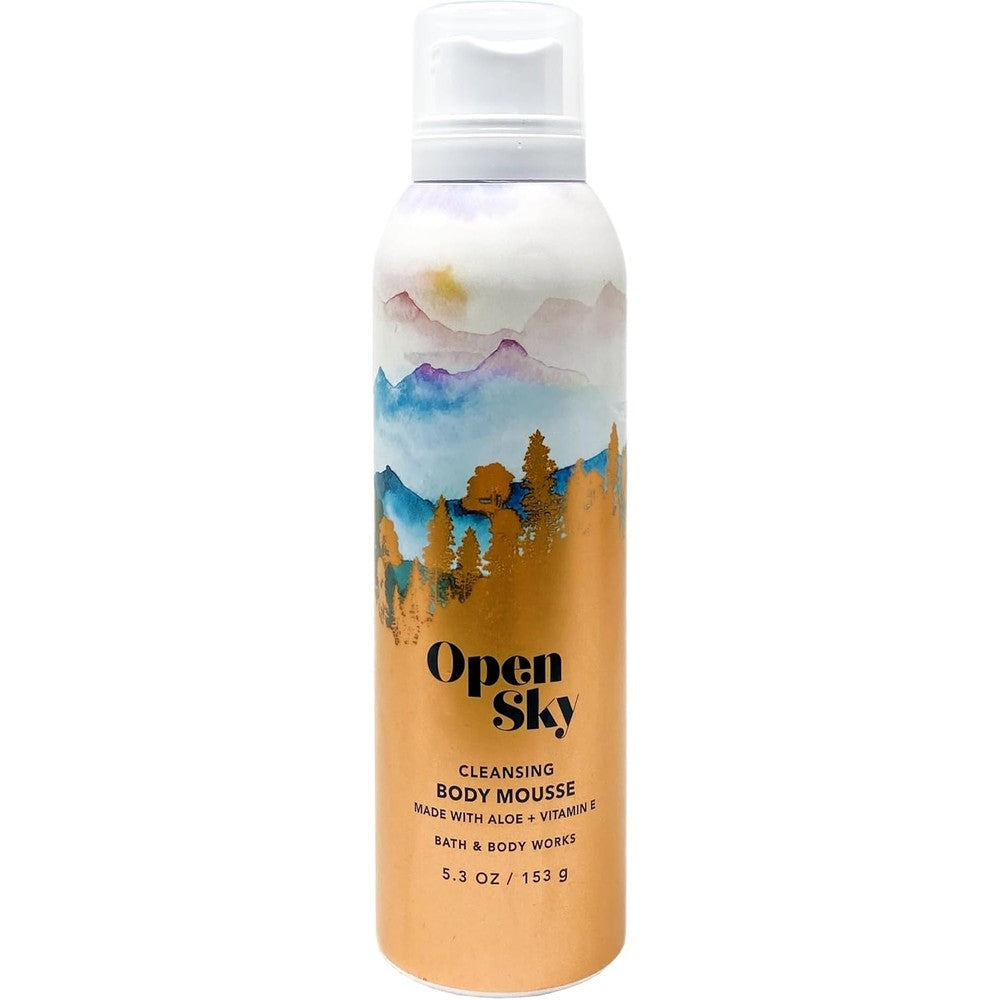 Bath and Body Works Open Sky Cleansing Body Mousse front view packaging detailing aloe and vitamin E ingredients.