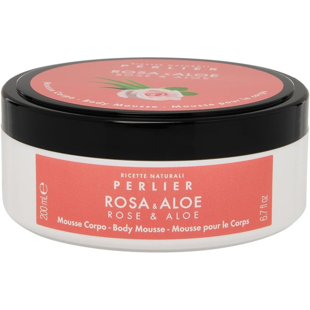 Perlier Rose and Aloe Body Mousse front view packaging jar for luxury skin hydration