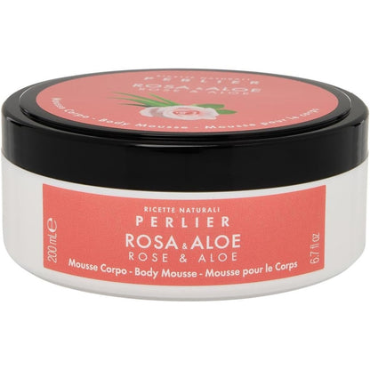 Perlier Rose and Aloe Body Mousse front view packaging jar for luxury skin hydration