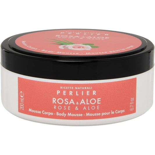 Perlier Rose and Aloe Body Mousse front view packaging jar for luxury skin hydration
