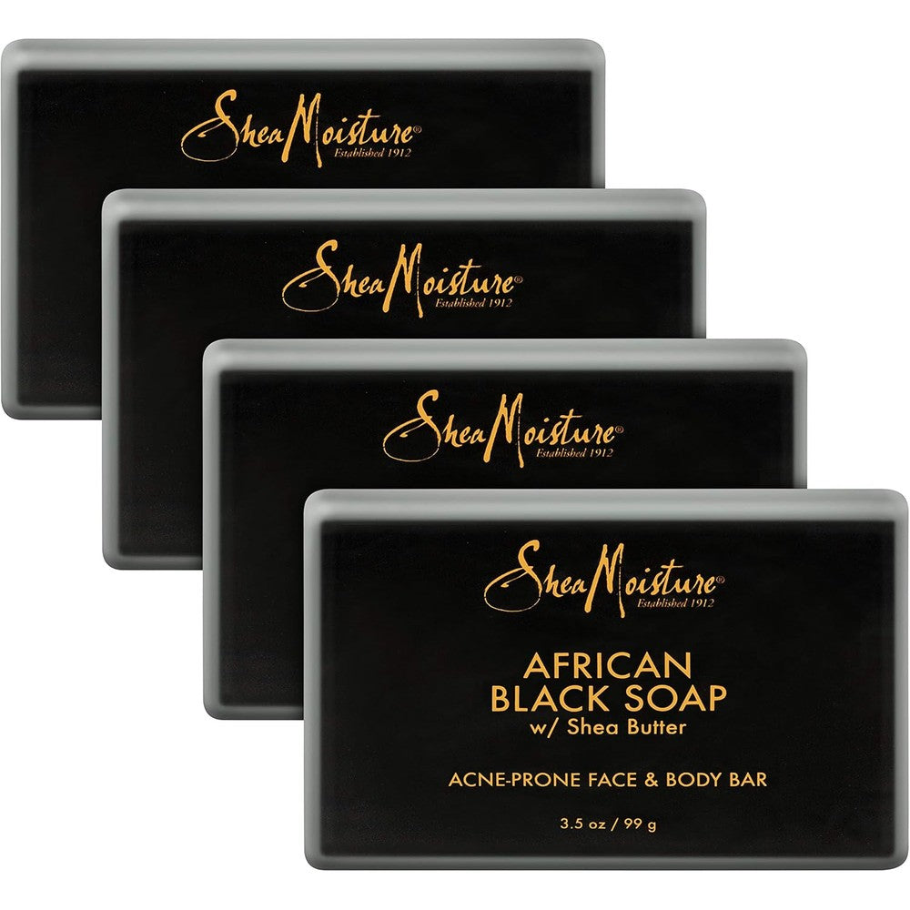 SheaMoisture African Black Soap Face and Body Bar 4 Count pack front view showing authentic packaging