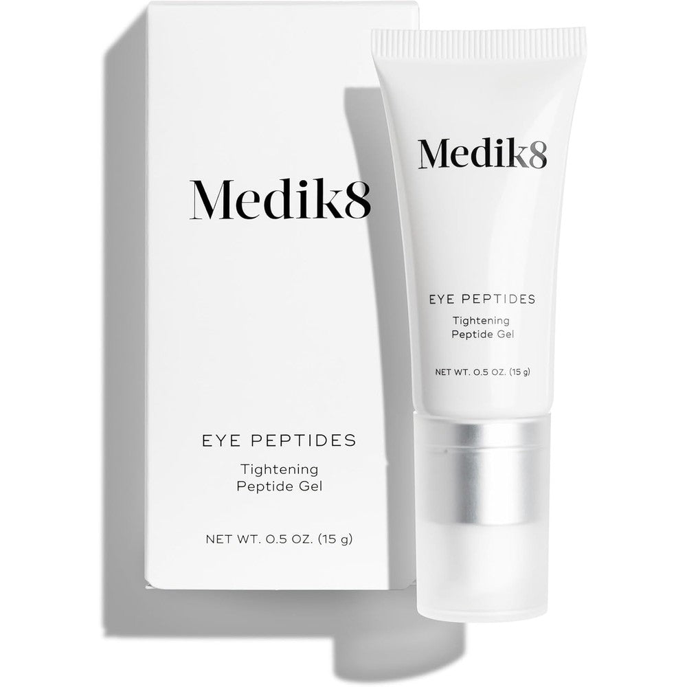 Medik8 Eye Peptides Gel bottle showing the 0.5 oz packaging for under eye care