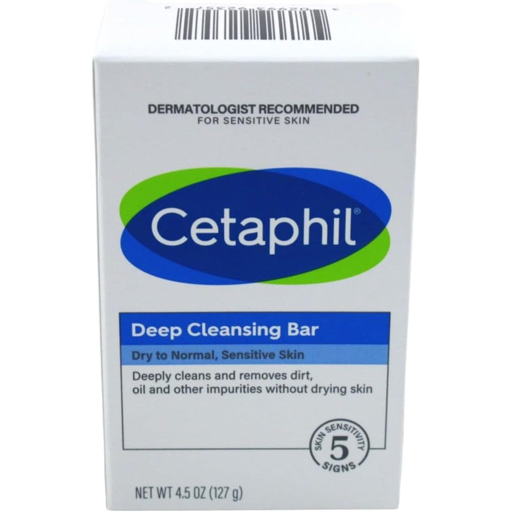 Cetaphil Deep Cleansing Face and Body Bar six pack packaging front view showing authentic imported branding.