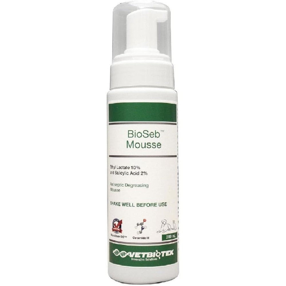 VetBioTek BioSeb Antiseptic Mousse front view bottle for pet seborrhea treatment