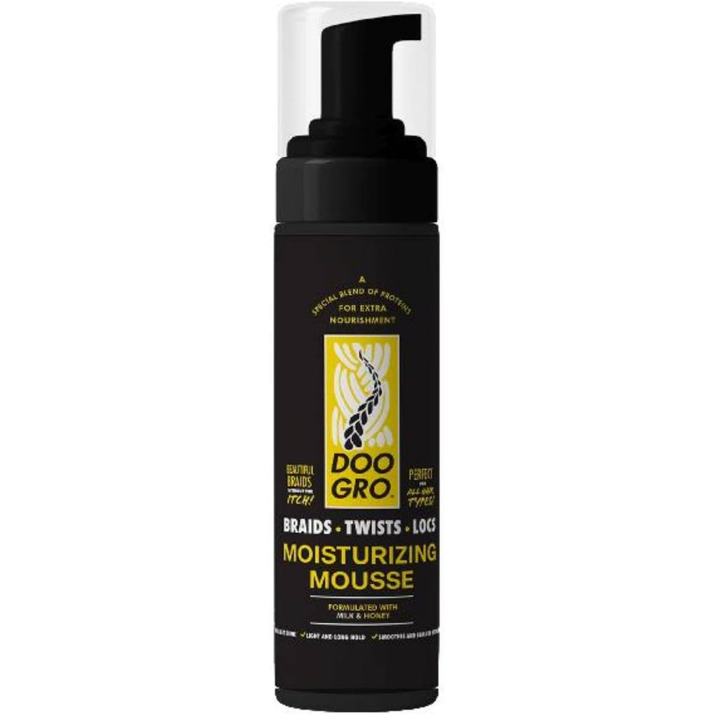 Goiple Doo Gro Braids Twists Locs Moisturizing Mousse front bottle view showing styling foam benefits.