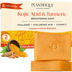 Plantifique Kojic Acid And Turmeric Soap front view packaging and dual bars