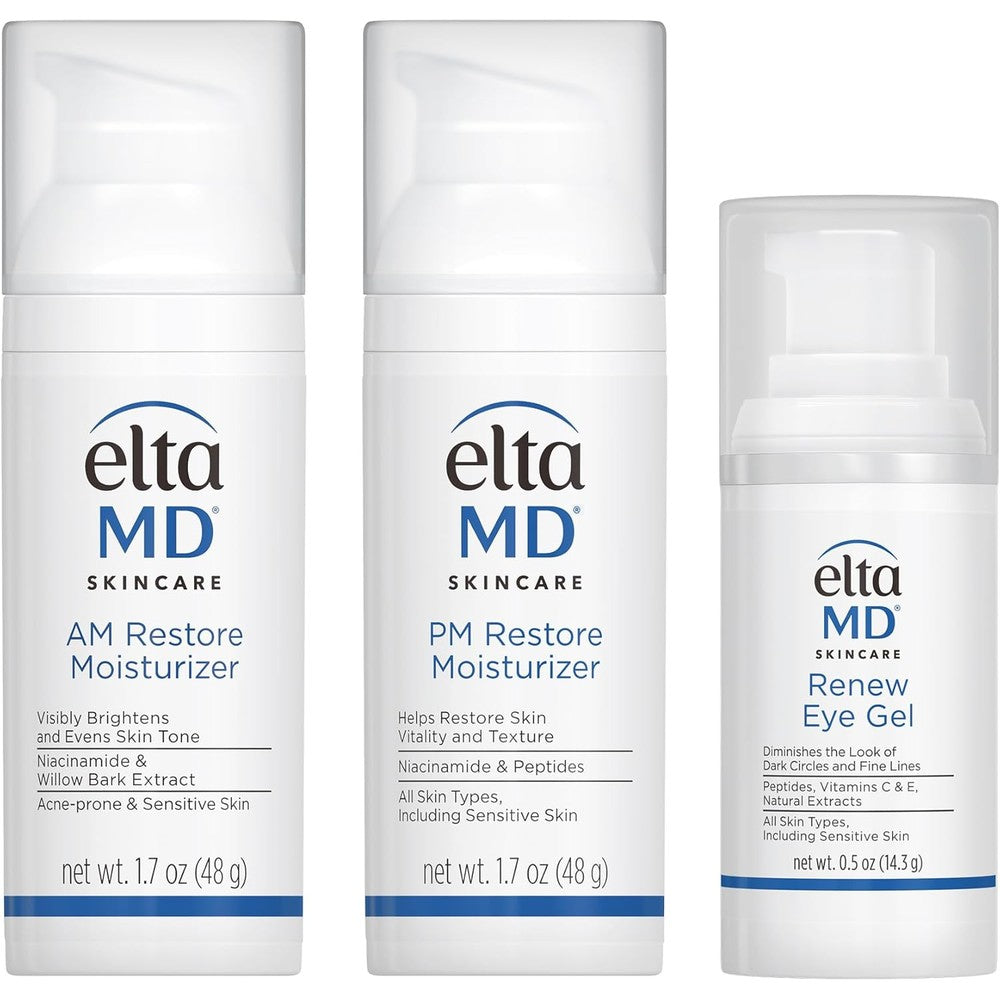 EltaMD Morning and Night Skin Care Kit front view showcasing the three product bottles for anti-aging routine