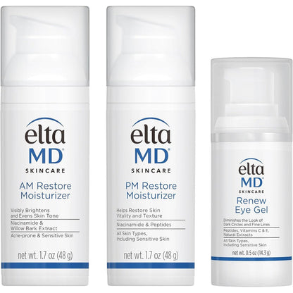 EltaMD Morning and Night Skin Care Kit front view showcasing the three product bottles for anti-aging routine