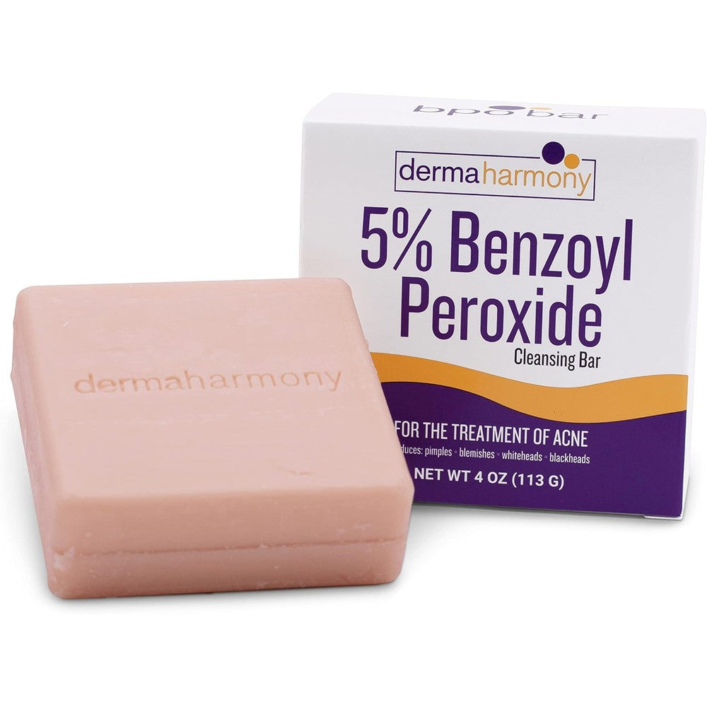 Dermaharmony 5 percent benzoyl peroxide cleansing bar front view packaging for acne treatment