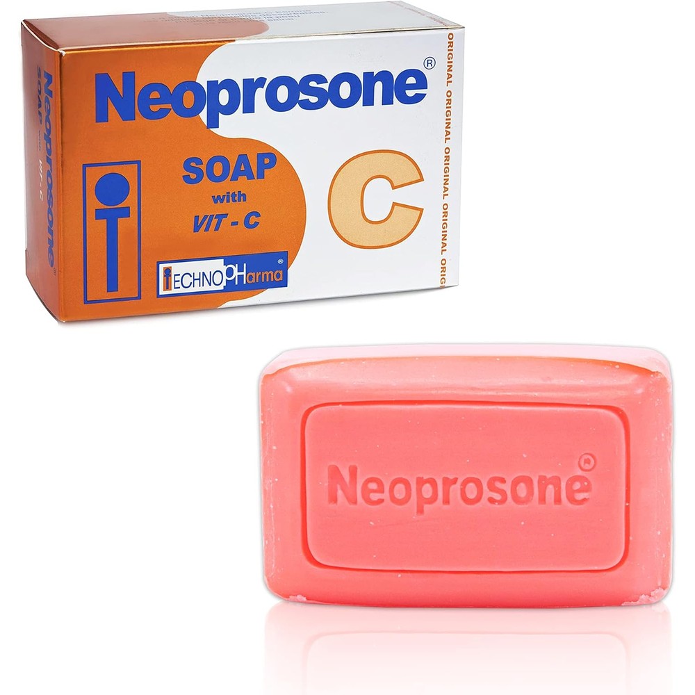 Neoprosone skin brightening soap front view packaging for hyperpigmentation treatment.