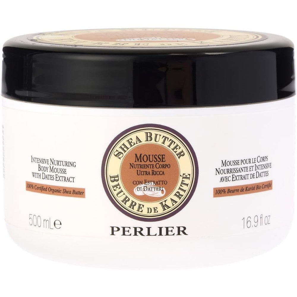 Perlier Shea Butter and Date Body Mousse front view packaging for intense skin hydration