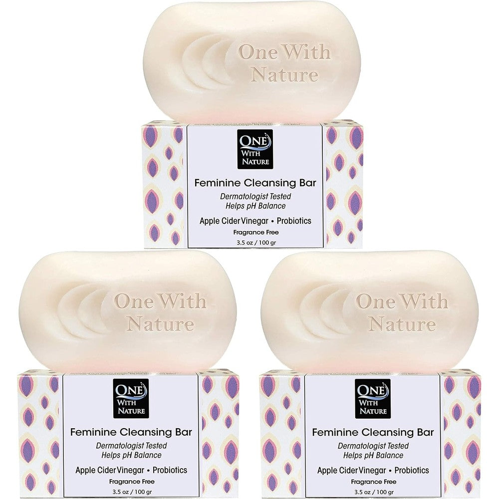 One With Nature Feminine Cleansing Bar Fragrance Free front view three pack packaging