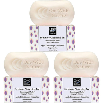 One With Nature Feminine Cleansing Bar Fragrance Free front view three pack packaging