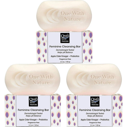 One With Nature Feminine Cleansing Bar Fragrance Free front view three pack packaging
