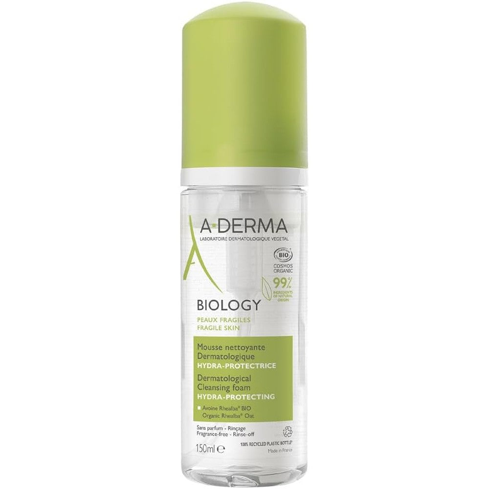 A-Derma Biology Hydra-Protective Cleansing Foam 150 Milliliters front view bottle on white background