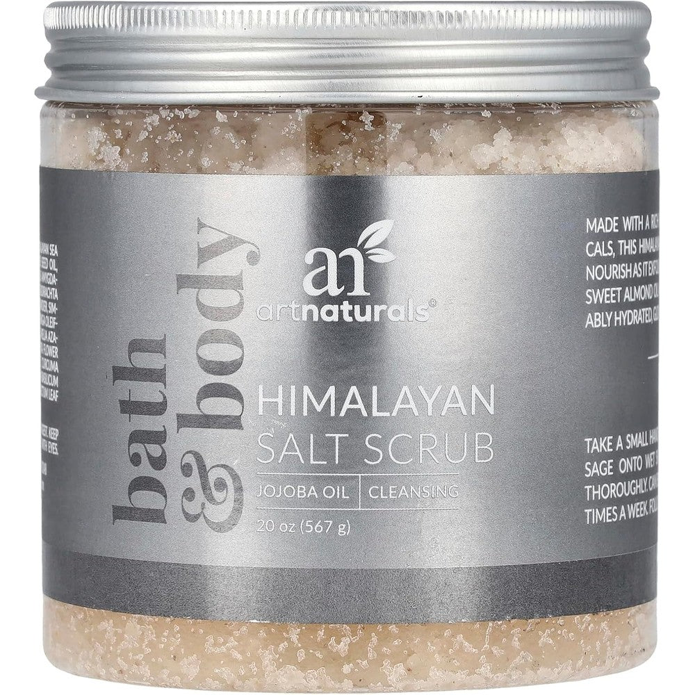 Artnaturals Himalayan Salt Body Scrub and Face Scrub 20 Ounce front view of packaging showcasing natural pink exfoliating crystals.