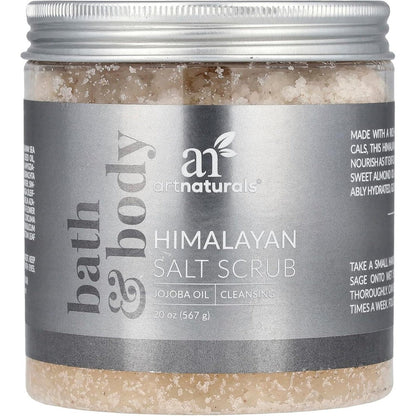 Artnaturals Himalayan Salt Body Scrub and Face Scrub 20 Ounce front view of packaging showcasing natural pink exfoliating crystals.