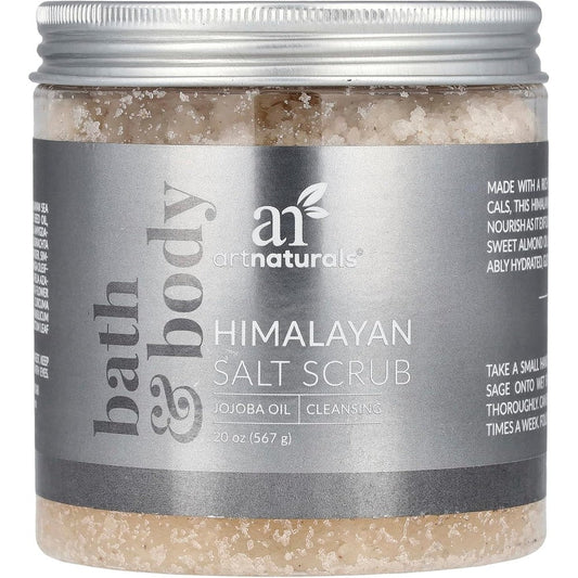 Artnaturals Himalayan Salt Body Scrub and Face Scrub 20 Ounce front view of packaging showcasing natural pink exfoliating crystals.