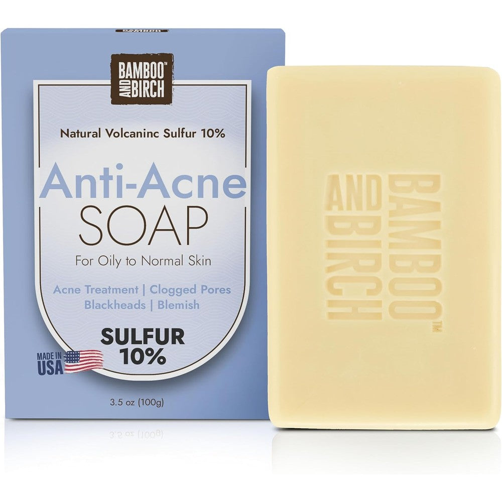 Bamboo And Birch Sulfur Soap Bar For Face And Back Acne Treatment With 10 Percent Sulfur And Salicylic Acid 3.5 Ounces - Image 1