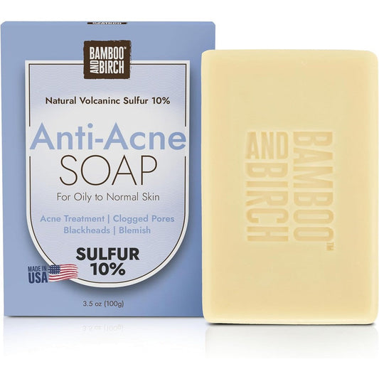 Bamboo And Birch Sulfur Soap Bar For Face And Back Acne Treatment With 10 Percent Sulfur And Salicylic Acid 3.5 Ounces - Image 1