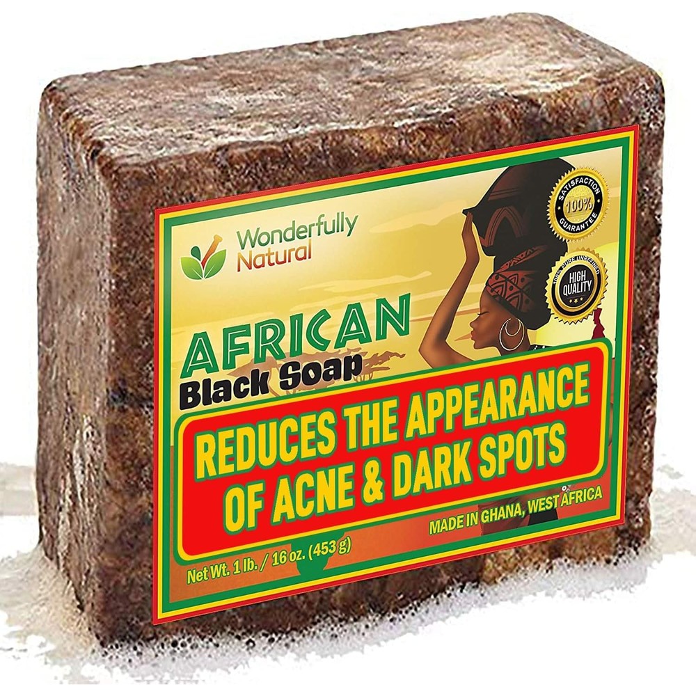 Wonderfully Natural African Black Soap bar front view for acne clearing