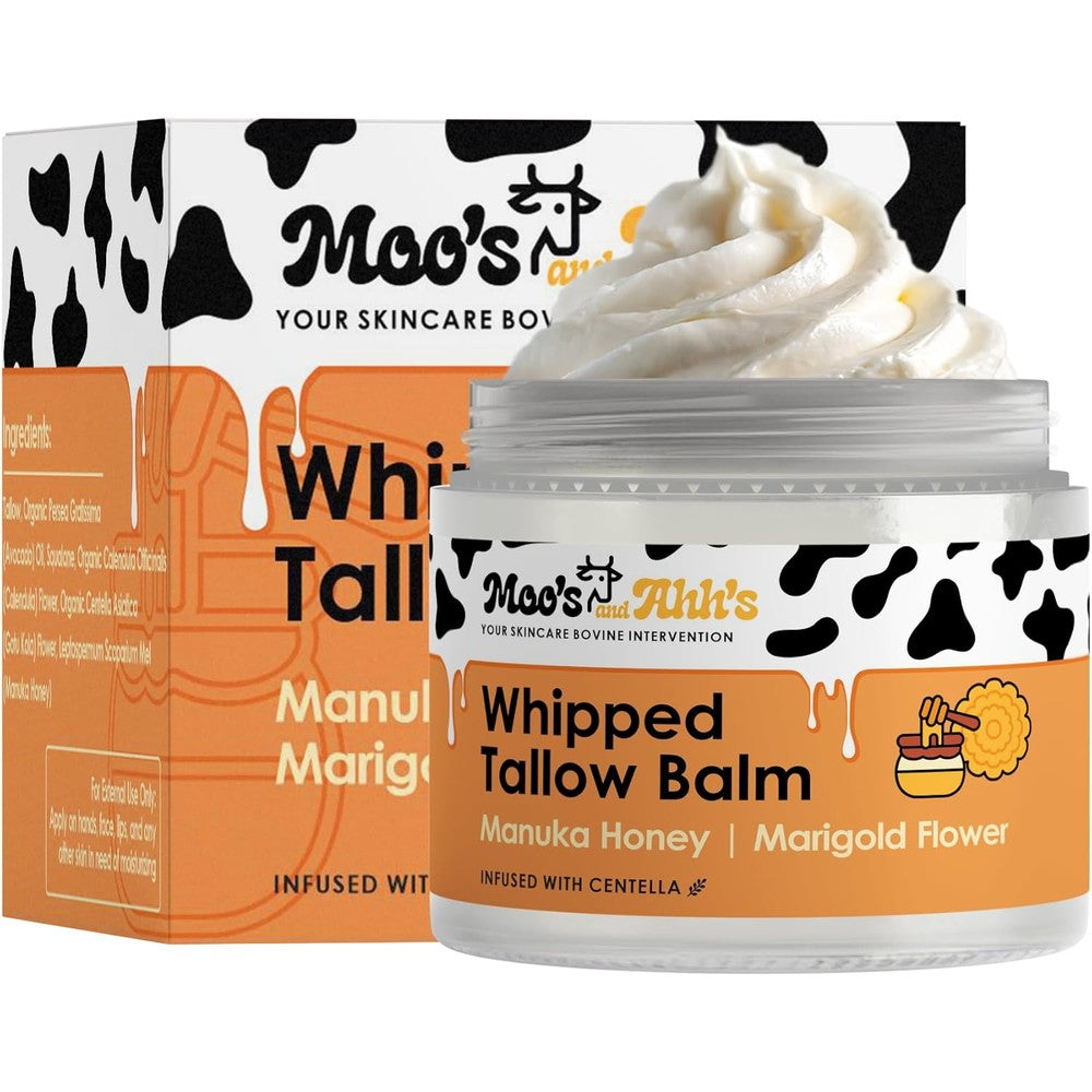 Moo's and Ahh's Whipped Tallow Balm front view of the jar for dry skin hydration