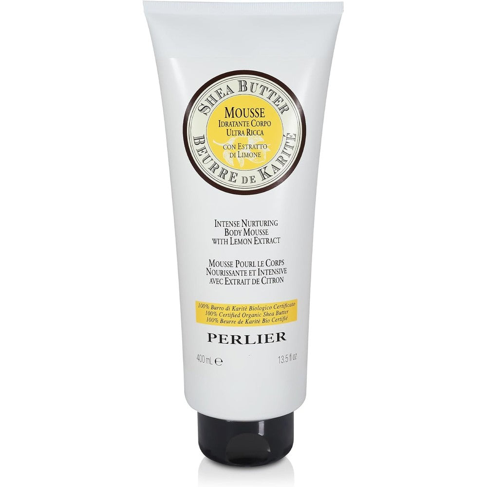 Perlier Intensive Nurturing Shea Butter Body Mousse with Lemon front view of 13.5 fluid ounce bottle for dry skin hydration