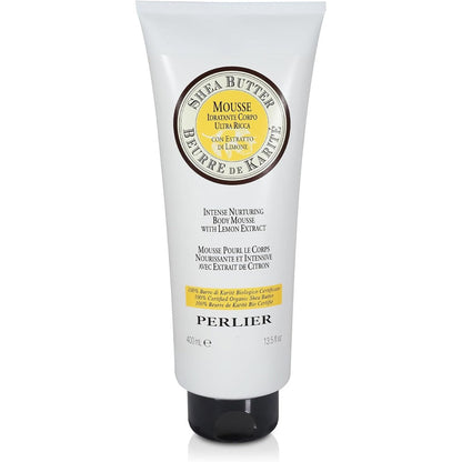 Perlier Intensive Nurturing Shea Butter Body Mousse with Lemon front view of 13.5 fluid ounce bottle for dry skin hydration