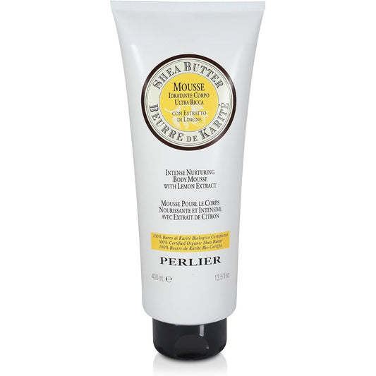 Perlier Intensive Nurturing Shea Butter Body Mousse with Lemon front view of 13.5 fluid ounce bottle for dry skin hydration