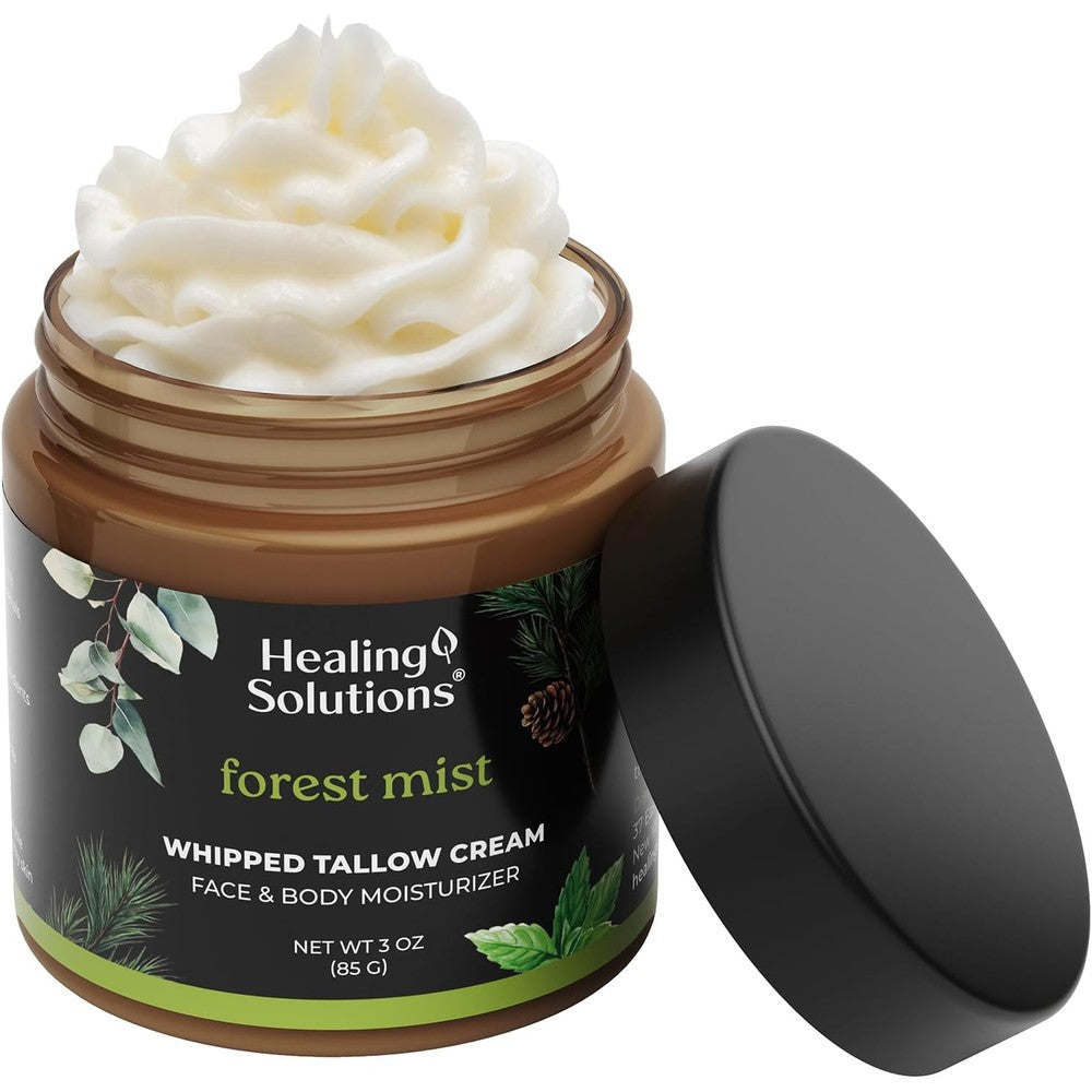 Healing Solutions Whipped Tallow Balm Forest Mist front view of the three ounce jar packaging.