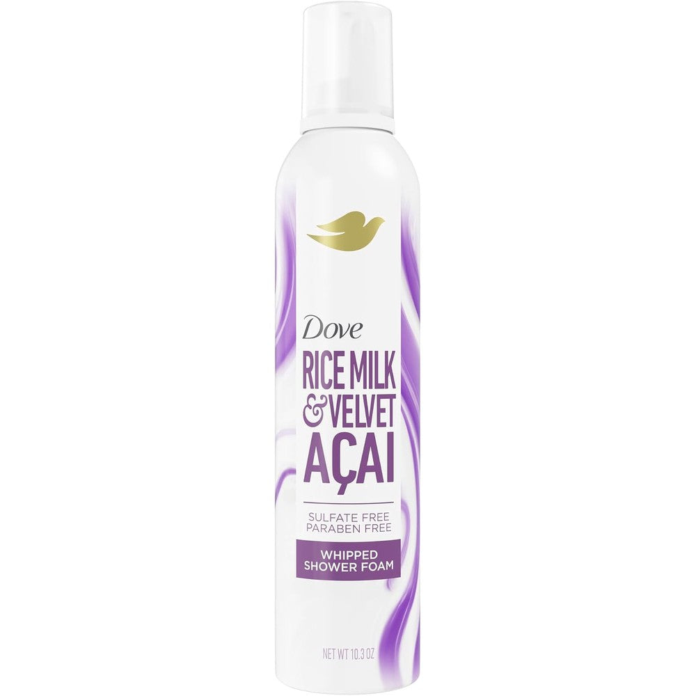 Dove Whipped Shower Foam Rice Milk and Velvet Açaí front view aerosol canister