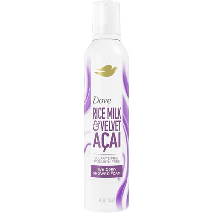 Dove Whipped Shower Foam Rice Milk and Velvet Açaí front view aerosol canister