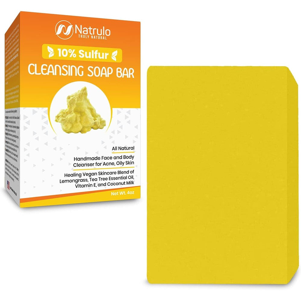 Natrulo 10% Sulfur Soap Cleansing Bar front view packaging for acne treatment